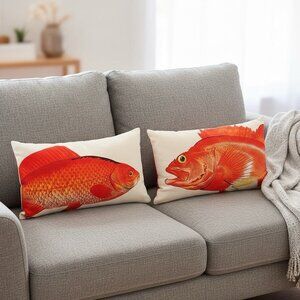 Set Of 2 Red Fish Throw Pillows 19x12 Coastal Nautical Home Decor